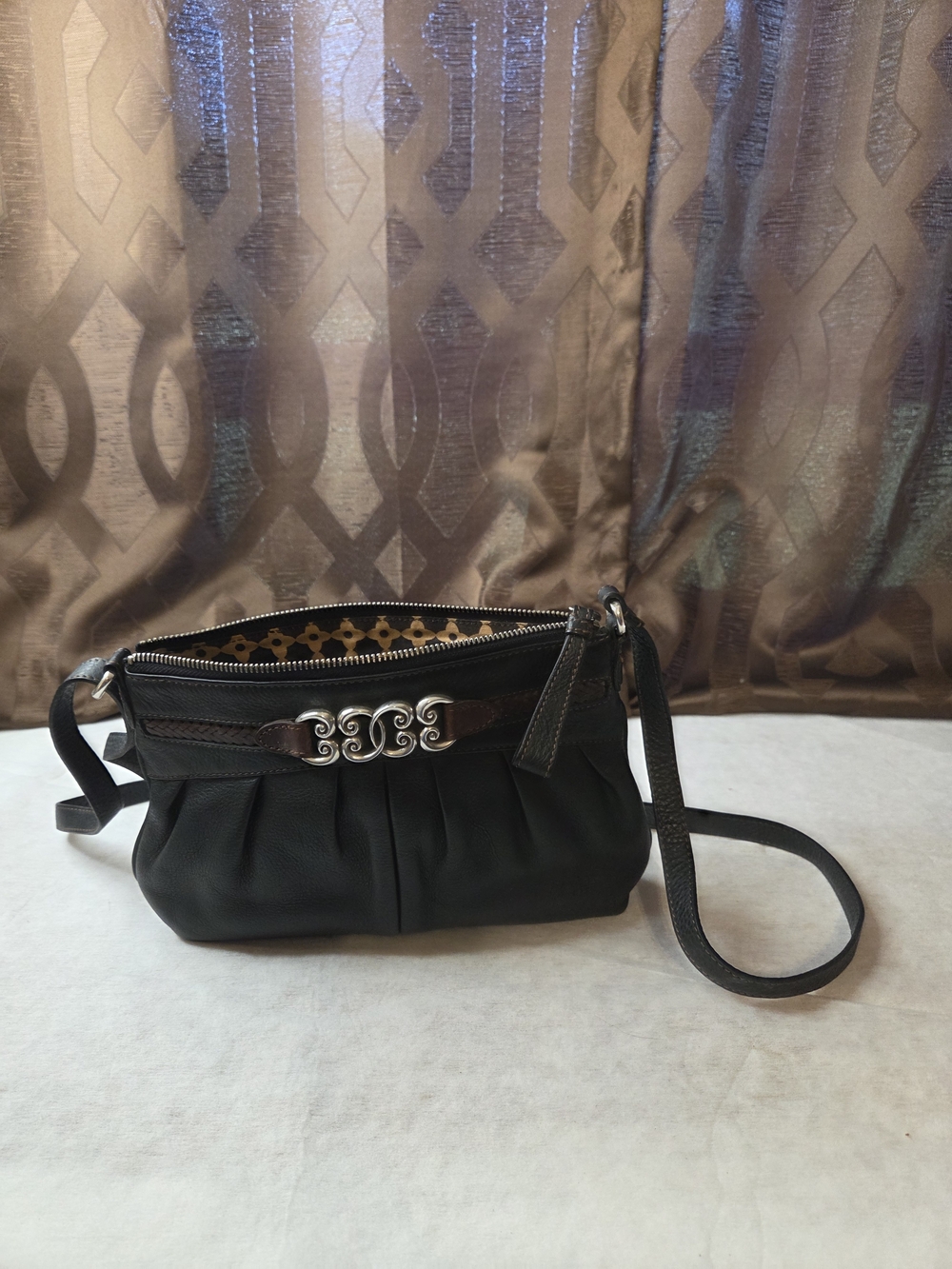 Brighton Black Leather Crossbody Bag with Brown Trim and Silver Accent - Picture 2 of 14